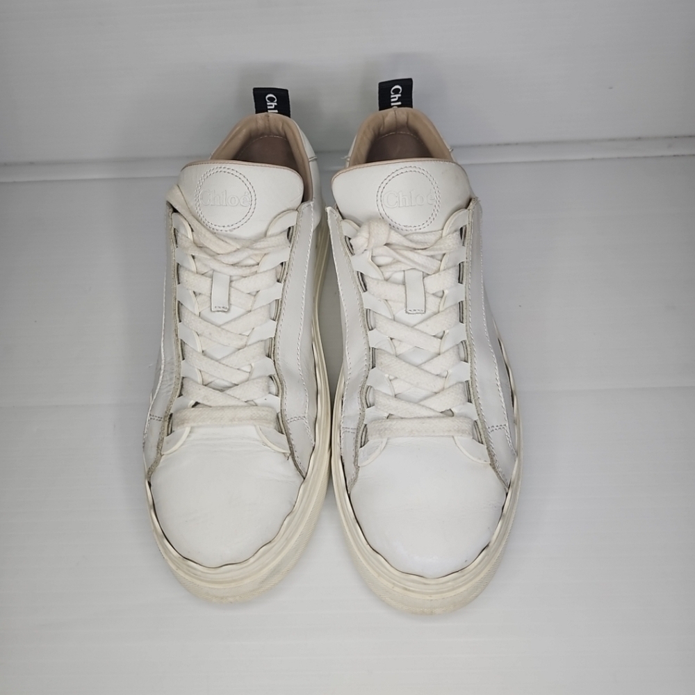 Chloé Lauren Scalloped White Calfskin Lace-Up Sneakers EU 37 US 7 Designer